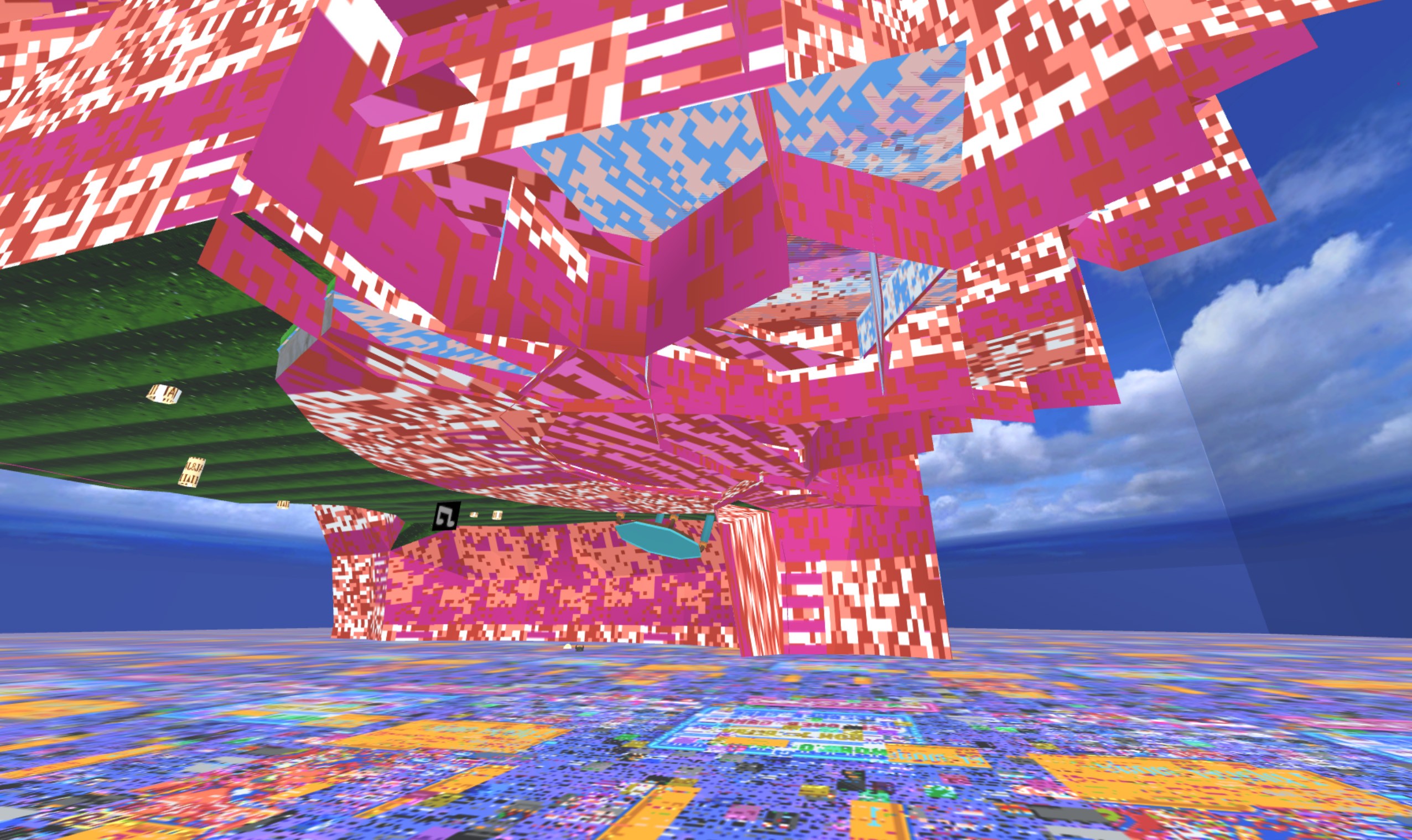 An underside shot of a glitchy, orange-and-pink island.